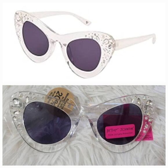 Betsey Johnson Crown Jewel Clear Cat Eyed Sunglasses Crystals Pearls Shell Arms - Picture 1 of 9